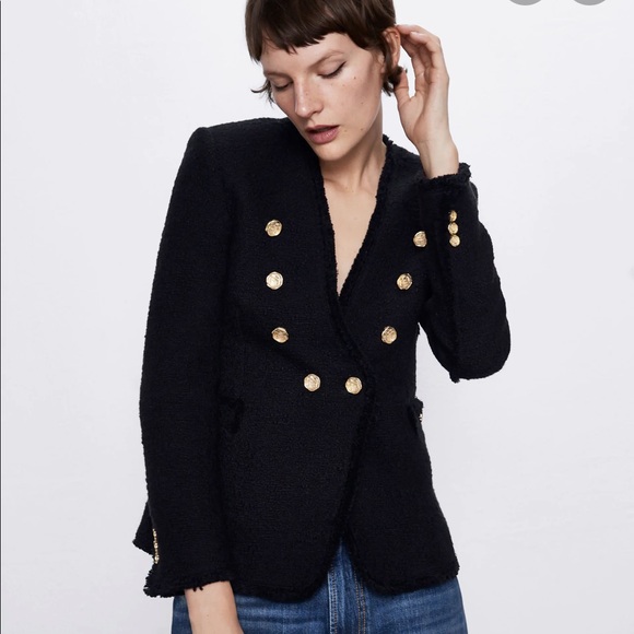 NWT Zara Black Lapelless Jacket with Gold Buttons - Picture 2 of 4